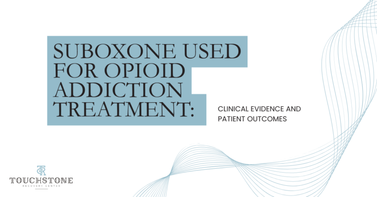Banner presenting 'Suboxone used for opioid addiction treatment: clinical evidence and patient outcomes' with the Touchstone Recovery Center logo.