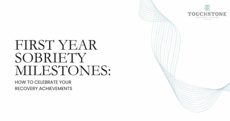 Cover slide: 'First Year Sobriety Milestones: How to celebrate your recovery achievements' with a blue wave graphic on the right and the Touchstone Recovery Center logo in the top-right.