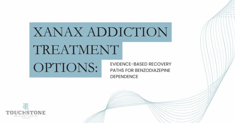 Slide announcing Xanax addiction treatment options with subtitle 'Evidence-based recovery paths for benzodiazepine dependence' and abstract blue shapes in the layout, logo bottom-left.