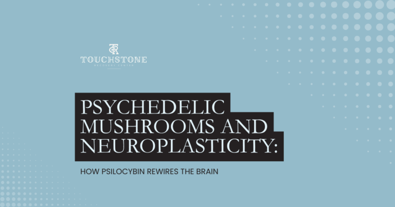 Blue hero banner with Touchstone Recovery Center logo and a stacked black title block reading 'Psychedelic Mushrooms and Neuroplasticity: How Psilocybin Rewires the Brain' and a subtitle line beneath.