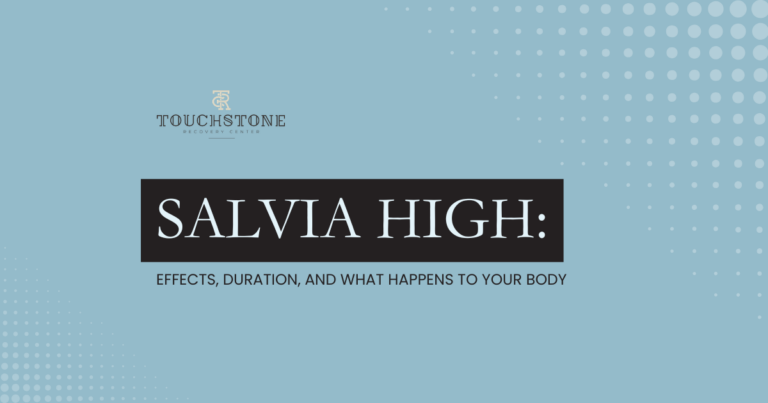 Title slide: Salvia High—Effects, Duration, and What Happens to Your Body, with Touchstone Recovery Center logo on a blue dotted background.